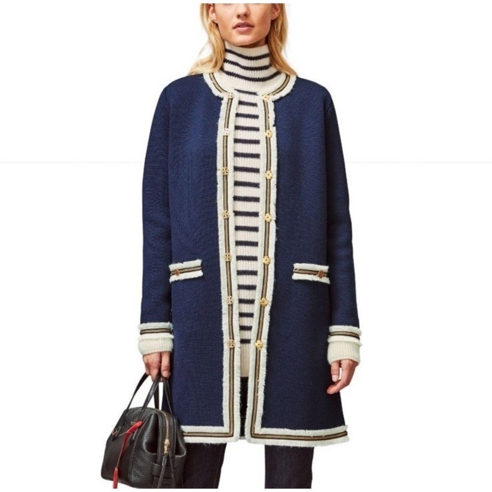 Tory Burch Wool Kendra Fringe Trimmed Sweater Coat Navy Sz M Heavy Weight Preppy